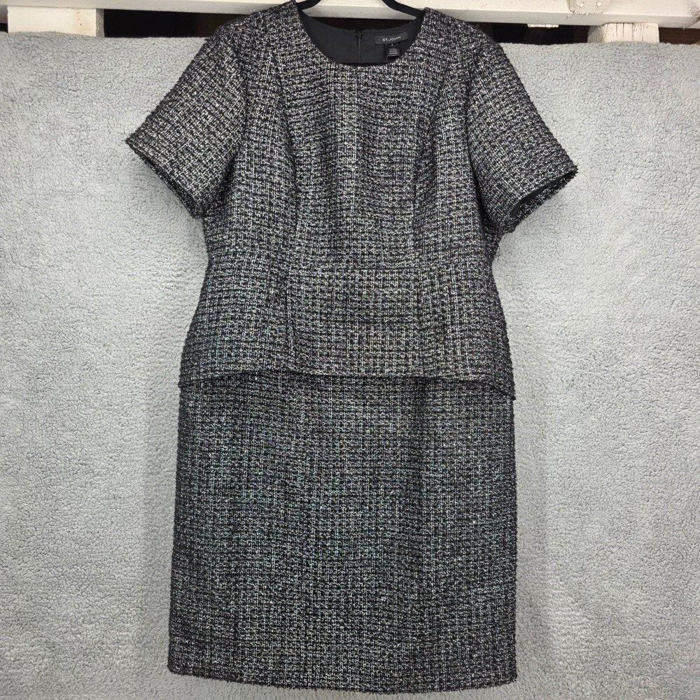 St John Black Silver Metallic Tweed‎ Peplum Dress Size 16 NWT Luxury
